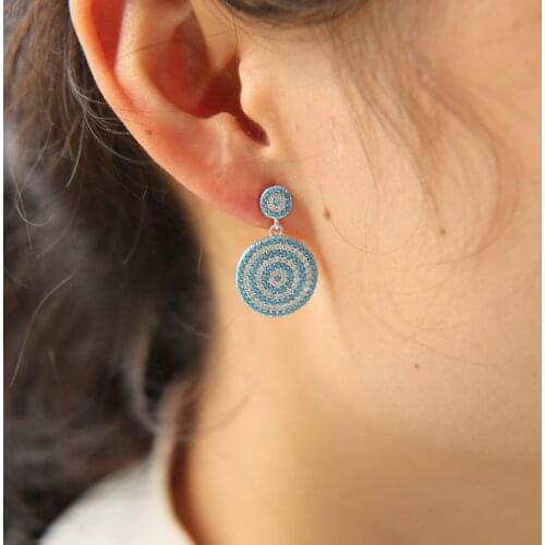 High quality 2017 new fashion women jewelry micro pave dangle disco blue clear ladies gold silver color dangle earring