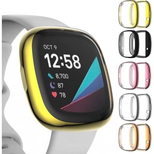 TPU Soft Edge Full Glass Screen Protector Case Shell Frame For Fitbit Versa 3/Sense Smart Watch Versa3 Protective Bumper Cover