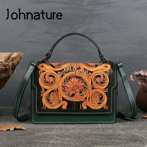 Johnature Luxury Hand Carved Genuine Leather Women Bag 2021 New Vintage Cowhide Original Versatile Shoulder Messenger Bags