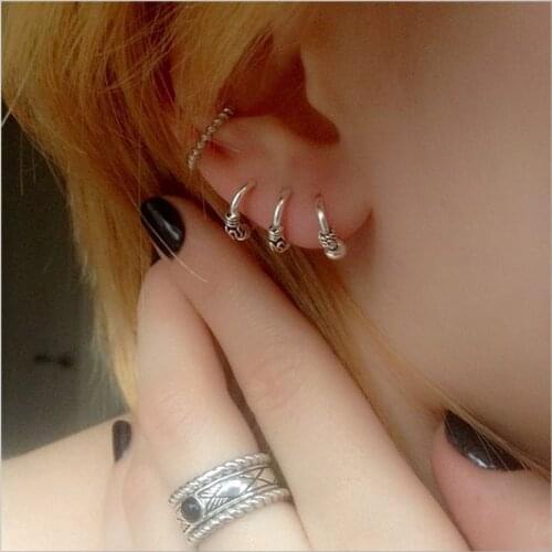 Retro Thai Silver Small Hoop Earrings With Beads Spiral Coils For Women Men 925 Sterling Silver Round Ear Bone Hoop Buckle