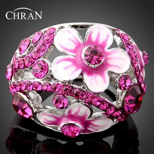 Chran Fashion Enamel Pink Flower Rings for Women Elegant Silver Plated Crystal Wedding Rings Accessories