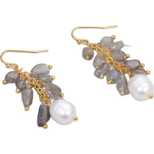 GG Jewelry Natural Labradorites Freeform Cultured White Rice Pearl Dangle Hook Earrings Handmade For Women