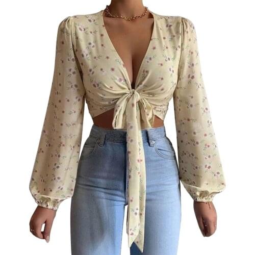 2021 Ladies Sexy V-neck Tops Autumn Women Temperament Floral Printing Tie Up Puff Long Sleeve Slim Midriff-baring Base Shirt