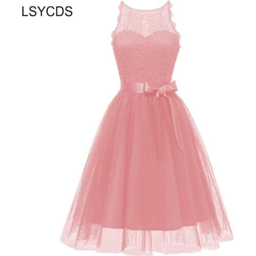 LSYCDS Ball Gown Vintage Dresses for Women O Neck Sleeveless Knee length Big Swing Dress Elegant Robe Ladies Pink Party Dresses