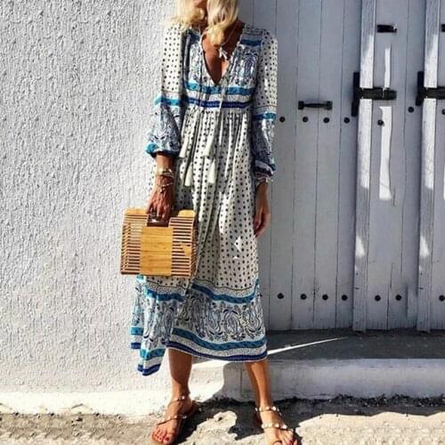 Women Long Maxi Dresses Retro Vintage Floral Printed Long Dresses Full Sleeve V-Neck High Waist Loose Boho Beach Dress