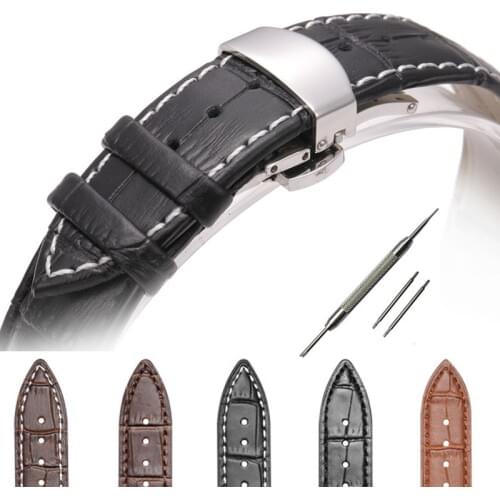 12 13 14 15 16 17 18 19 20 21 22 23 24mm Women Men Genuine Leather Watchband Strap Butterfly Pattern Deployant Clasp Buckle