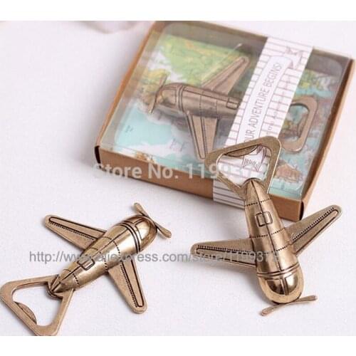 200pcs Our Adventure Begins Airplane Bottle Opener Antique Gold Airplane Bridal Shower Wedding Favors Party Gift Free DHL FEDEX