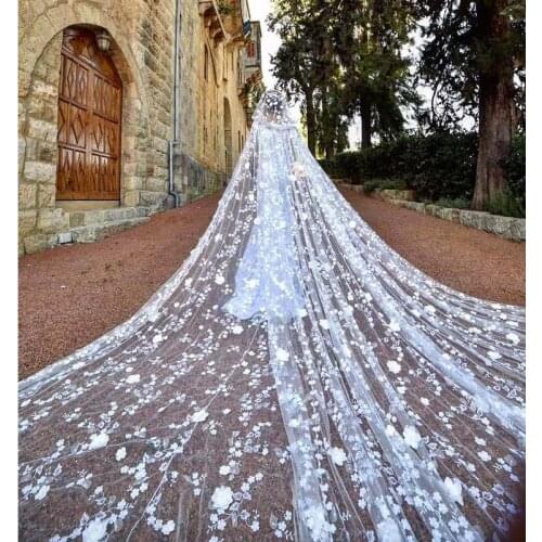 3 Merters Bridal Cape 3D Lace Appliques Soft Tulle One Layer Wedding Wrap White Ivory Church Coat with Hood