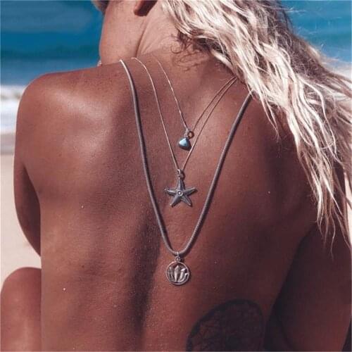3 Pcs/Set Bohemian Necklaces Stars Openwork Lotus Triangle Crystal Pendant Silver Color Long Necklace Set Fashion Women Beach s