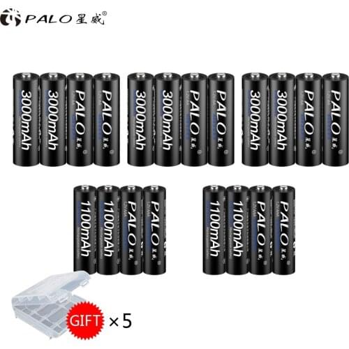 PALO 12pcs 1.2v AA rechargeable battery 3000MAH 1.2V NI-MH Battery Low Self Discharger Batteries+8pcs AAA flashlight battery