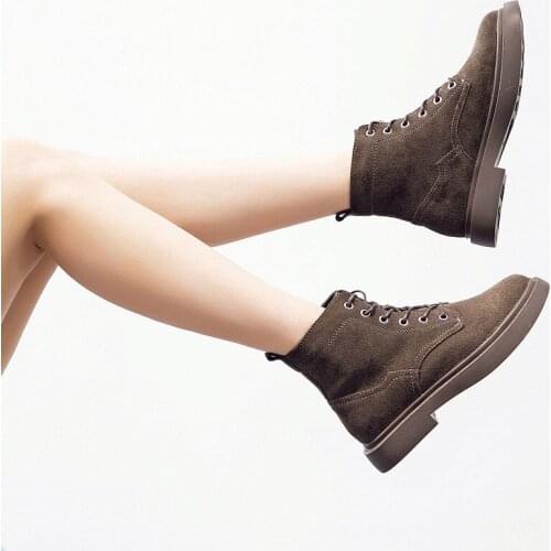 New Fashion European Style Black Ankle Boots For Women Boots Flats Round Toe Lace Up Platform Boots Leather Woman Shoes