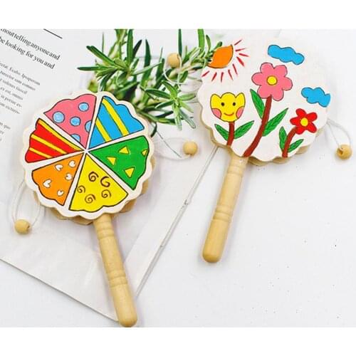 Wooden Unpainted Shaking Rattle Pellet Drum DIY Painting Crafts Kids Musical Toy
