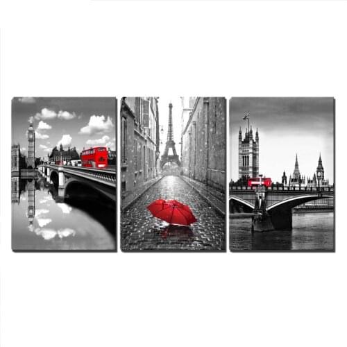 Diy 5d diamond painting 3 Pcs Black and White Paris Tower with Red Umbrella Londons Big Ben Clock with Red WW004