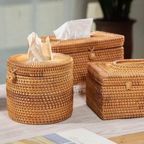 Round Rattan Tissue Box Vine Roll Holder Toilet Paper Cover Dispenser for Bathroom Home Hotel Office