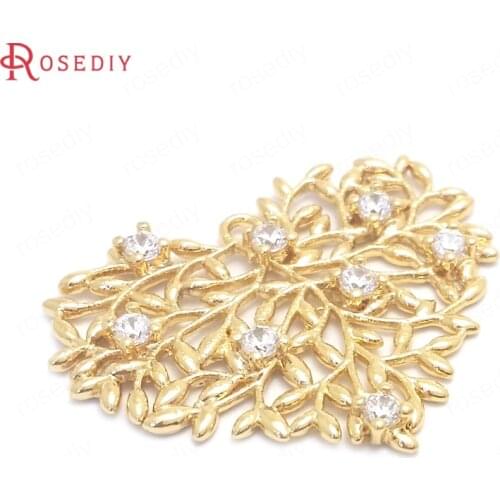 37748)4PCS 20x26MM 24K Gold Color Brass and Zircon Tree Leaf Heart Shape Charms Pendants Jewelry Making Supplies Diy Findings