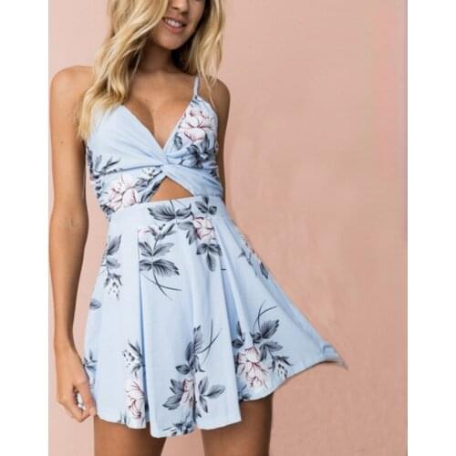 Summer hot fashion printed V-neck navel jumpsuit sexy suspender bow jumpsuit