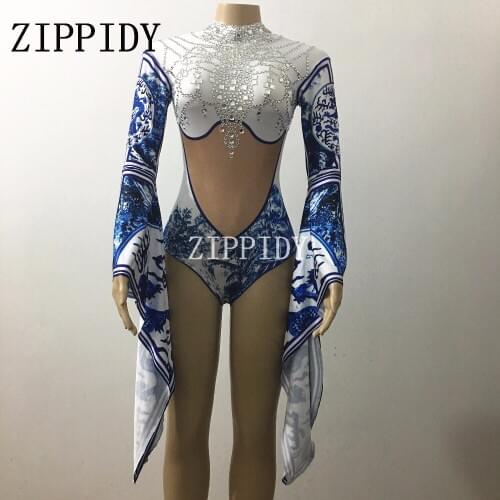 Fashion Glisten Crystals Bodysuit Big Sleeves Chinese Style Performance Outfit Party Blue and white Costume Dance Clothing