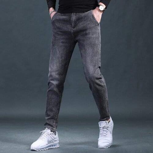 2021 New Mens Stretch Jeans Fashion Dark Gray Slim Fit Pencil Pants Korean Style Casual Denim Trousers