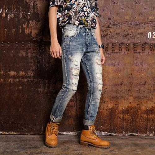 2021 New Streetwear Fashion Men Jeans Retro Washed Slim Fit Destroyed Ripped Jeans Patches Designer Denim Pants Hip Hop Jeans