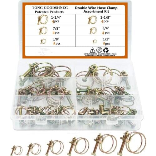 6 Sizes Adjustable Steel Double Wire Hose Clamps Assortment Kit,1/2" 5/8" 3/4" 7/8" 1-1/8" 1-1/4"Hose Fittings Band Clamps