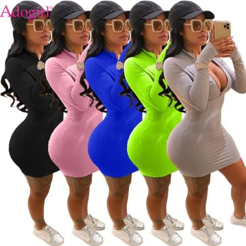 Adogirl 2020 Autumn Solid Bodycon Dress for Women Fashion Sexy Front Zipper V Neck Long Sleeve Sheath Mini Club Party Dresses