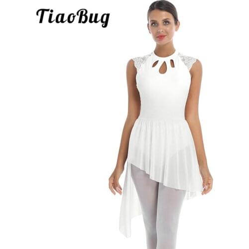 Women Dance Wear Figure Skating Dress Lace Cap Sleeve Asymmetrical Mesh Skirted Ballet Leotard Adult Stage Performance Costume