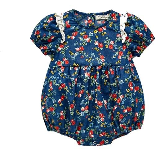 Girls O-neck Short Sleeve Full Little Flowers Print Casual Fashion Korean Style Cotton Triangle Rompers Summer Rompers