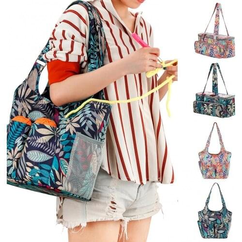 Dropshipping Portable Leaf Flower Print Woolen Yarn Storage Tote Bag Crochet Organizer Holder