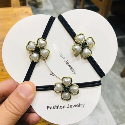 2021 New Style Four Leave Clover Pearl Hair Ring Semi Head Pony tail Hair Band Elastic Hair Rope Hair Accessories