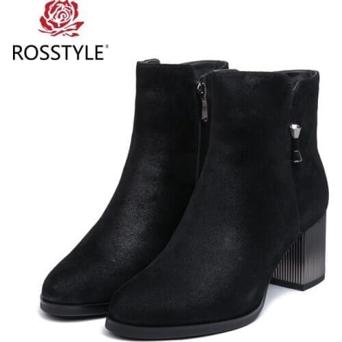 ROSSTYLE Women Vintage Side Zipper Ankle Boots Winter Handmade Genuine Leather Booties Square Heel Med heel Women Boots Black B4