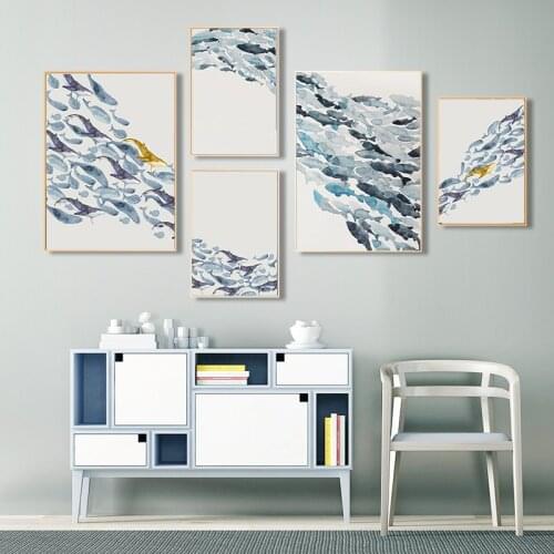 Nordic Simple Abstract Fish Group Posters and Prints Wall Art Print Canvas Painting Decorative Picture for Living Room