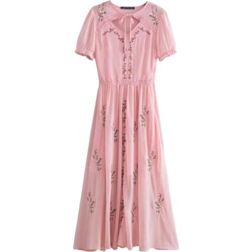 PERHAPS U Pink V Neck Lace Up Floral Flower Embroidery Short Sleeve Chiffon Midi Dress Elegant D0666