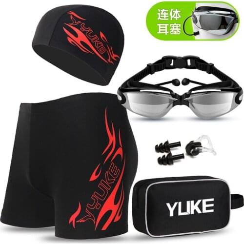 YUKE L-5XL Quick Dry Men Print Cap Swimsuit Comfort Adult Swimwear Swimming Goggles Cap Set Trunks Hat Eyewear Spa Bathing Suit