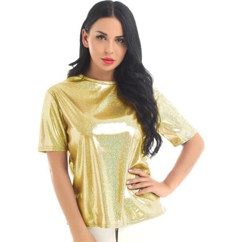Women Shiny Metallic Short Sleeve Reflective T-Shirt Nightclub Party Festival Rave Stage Performance Costume Pole Dance Tops