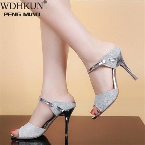 Woman Slippers Heels 7CM Summer 2020 Sandals Party Black Gold Pumps Women White Sandals Femmes Sandales Retro Shoes Women Heels