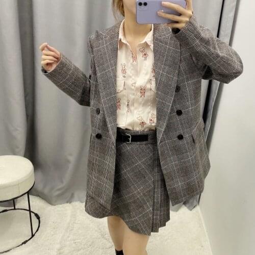 2 piece sets womens outfits new style retro suit collar check double breasted suit jacket + high waist check A word skirt suit