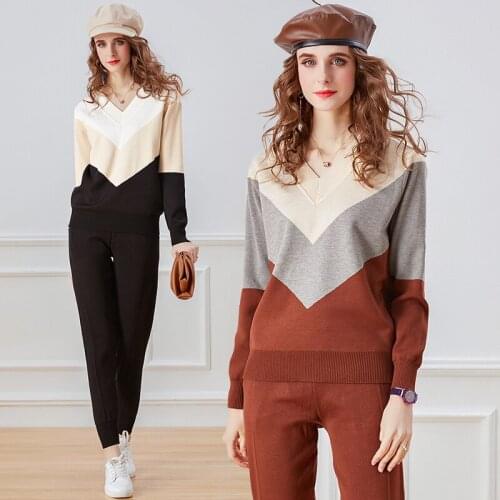 Tracksuit Women Fall Winter New Sweatersuit V Neck Long Sleeve Hit Color Striped Pullover Tops And Slim Pants Knitted 2Piece Set