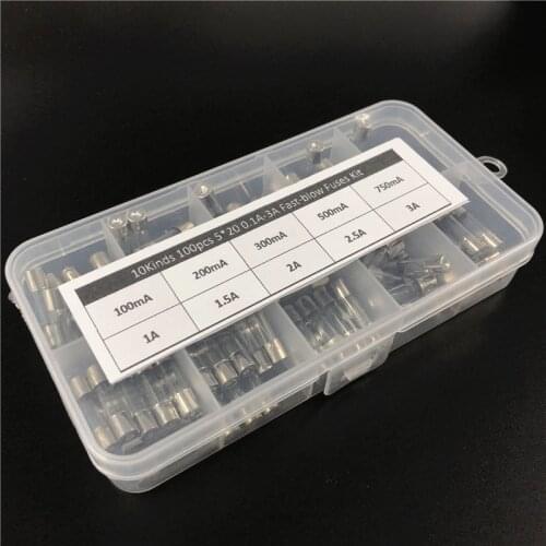 10Kinds 100pcs 5*20 Fast-blow Glass Tube Fuses Car Glass Tube Fuses Assorted Kit 5X20 with Box fusiveis 0.1A-3A Household Fuses