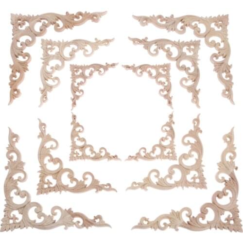 4Pcs Wood Carved Corner Appliques Frame Furniture Wall Doors Woodcarving Decal Decorative Wooden Figurines Crafts 10cm/15cm/20cm