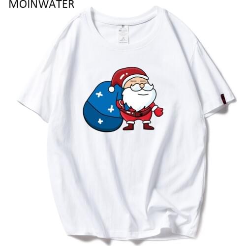 MOINWATER White and Black T shirts for Women Christmas Print Cotton Lady Fashionable Tees Female Santa Claus Tops MT1996