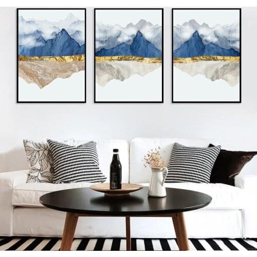 Modern Abstract Blue Beige Marble Texture Canvas Painting Poster Print Wall Art Picture for Living Room Interior Home Decoration