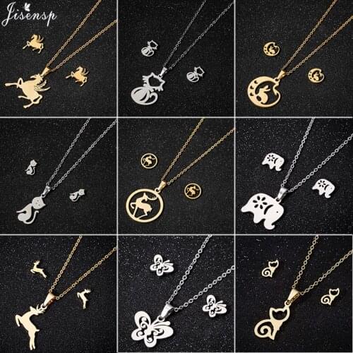 Jisensp Classic Style Lovely Cat Deer Butterfly Pendant Necklace Earrings Women Brincos Cute Animal Stainless Steel Jewelry Sets