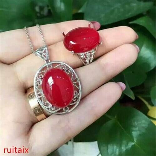 KJJEAXCMY boutique jewels 925 Pure silver inlay natural red jade medulla ring + pendant 2 pieces set with drill-drip plant sunfl