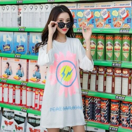 Summer Small Daisy White Mesh Round Neck New Loose Sequins Three Quarter Breathable T-shirt Women 2538