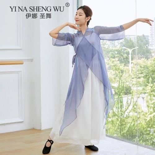 Hot Sell Classical Dance Costume One Piece Flowing Dress Cheongsam Design Light Weight Gauze Irregular Tops Performance Blouse