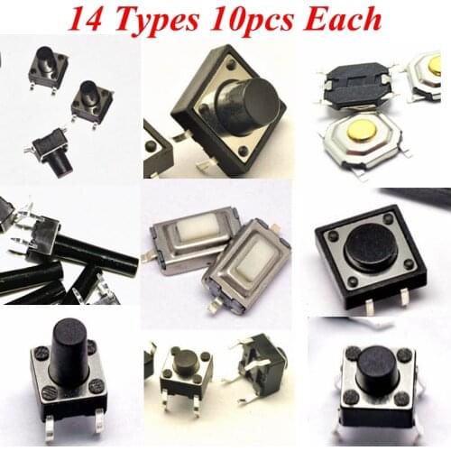 New 140PCS Assorted Tact Switch Micro Push Button Tactile Switches DIP SMD 4 Pin 4*4*4.3/3*6*2.5/12*12*5mm 14 Types RoHs