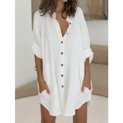 2021 New Style Womens Shirt Mid-Length Short-Sleeved Loose Shirt, Cotton and Linen Breasted Loose Oversized Blouse Women