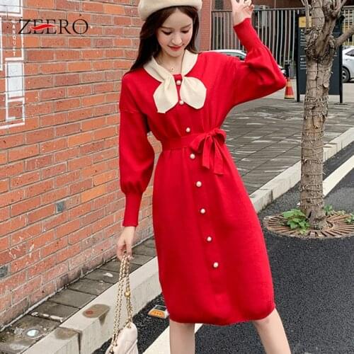Autumn Winter Female Scarf Collar Pearl Buttons High Elasticity Warm Knitting Dress Women Puff Sleeve Matching Belt Base Dresses