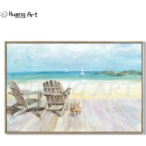 Handmade High Quality Modern Seascape Canvas Oil Painting for Living Room Decoration Two Chairs on the Beach Landscape Painting