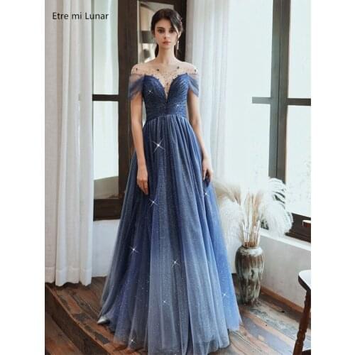 Sexy Blue Gradient Evening Dresses 2020 A-line Off Shoulder Beading Sequined Elegant Long Formal Dress Gown custom size LE40780